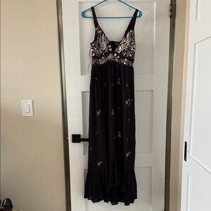 Ranna Gill Floral Embroidered Black Maxi Dress size small NWT